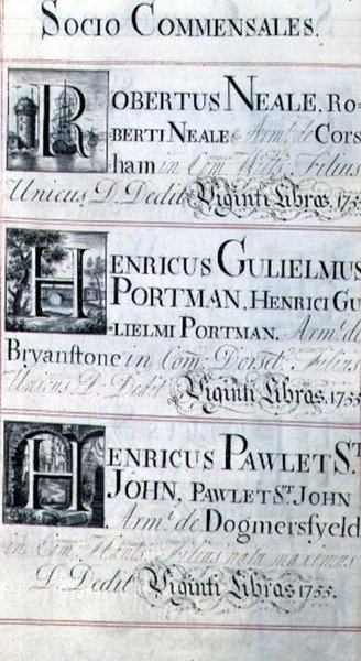 Arkisto 3693 f.95 Sivu, jossa on kolme New Collegen, Oxfordin hyväntekijää; Robertus Neale, Henricus Gulislmus Portman ja Henricus Pawlet St. John tekijältä English School