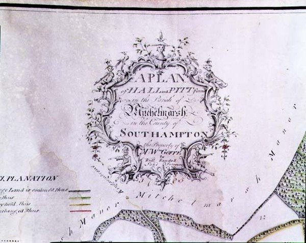 Arkisto 5629 Kuvaava kartoitus kartalta, jossa lukee "Hall- ja Pitt-tilojen suunnitelma Mitchelmarshin seurakunnassa Southamptonin kreivikunnassa, herra W. Goffen omaisuutta, kirjoittanut Richard Randall, maanmittaus". tekijältä English School