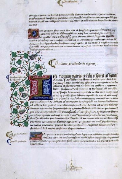 Arkisto 9432 f.15v Tekstisivu valaistulla alkukirjaimella, Robert Sherbornen tai Shirburnin (n. 1450-1536) Chichesterin piispa (vellum) perustamiskirjasta tekijältä English School