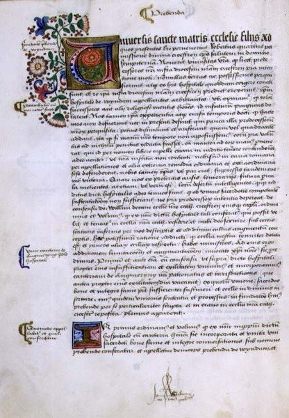 Arkisto 9432 f.17v Sivu tekstiä, jossa on valaistu alkukirjain, Robert Sherbornen tai Shirburnin (n.1450-1536) Chichesterin piispan perustamiskirjasta (pergamentti). tekijältä English School
