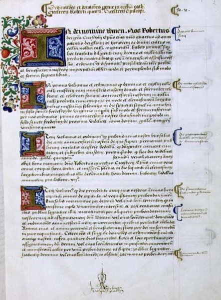 Arkisto 9432 f.5 Sivu tekstiä, jossa on valaistu alkukirjain "I", Robert of Sherbornen tai Shirburnin (n. 1450-1536) Chichesterin piispan perustamiskirjasta (pergamentti). tekijältä English School