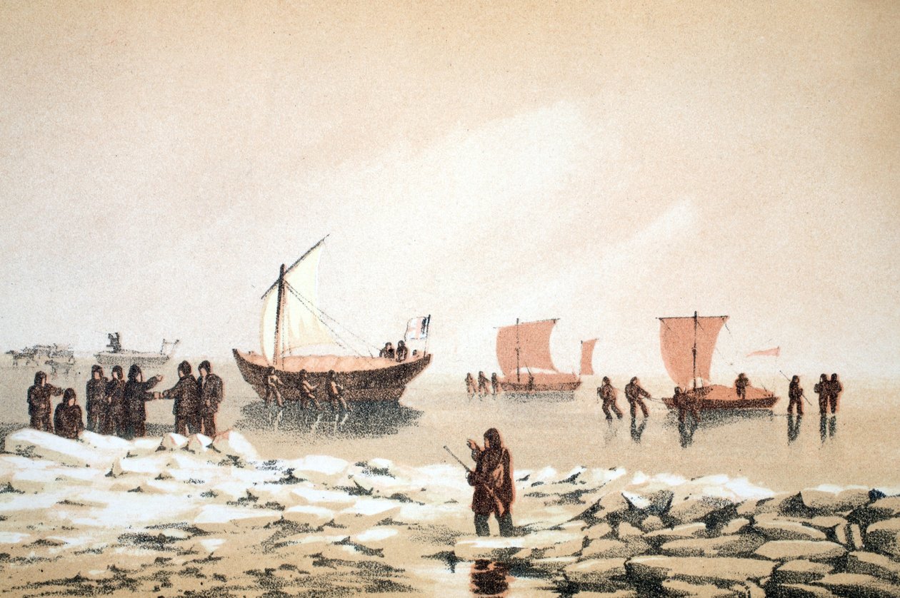 Arctic Travelling, kuva matkasta Baffins Baylle ja Barrow Straitsille..., 1852 (käsinvärinen kaiverrus) tekijältä English School