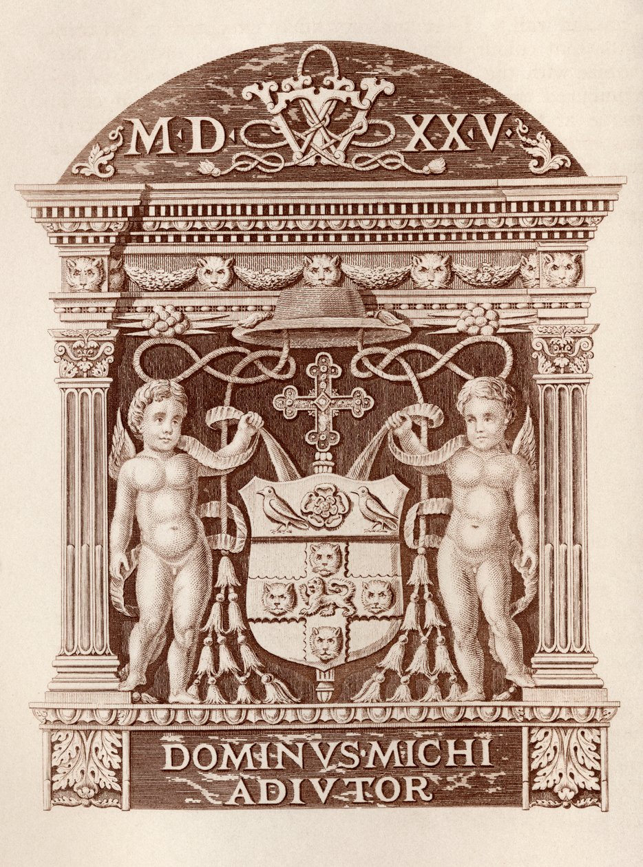 Kardinaali Wolseyn käsivarret terrakottapuvussa Hampton Court Palacessa, Ernest Lawn History of Hampton Court Palace in Tudor Times -julkaisusta, julkaistu Lontoossa 1885 tekijältä English School