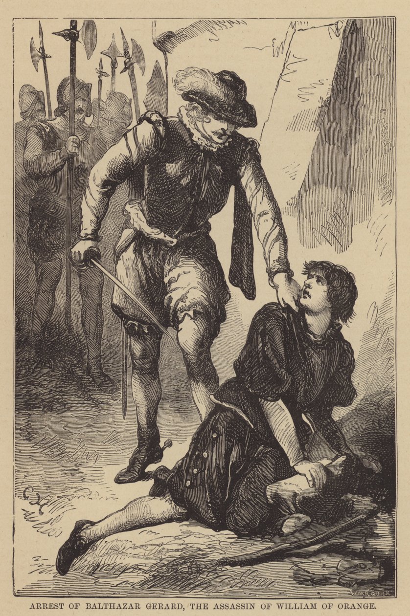 Vilhelm Oranian murhaajan Balthazar Gerardin pidättäminen (kaiverrus) tekijältä English School