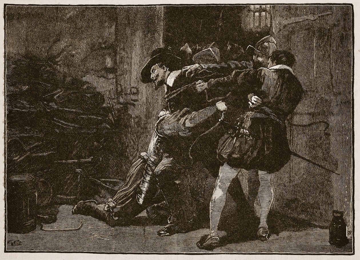 Guy Fawkesin pidätys, kuvitus Cassells Illustrated History of Englandista (seepiakuva) tekijältä English School