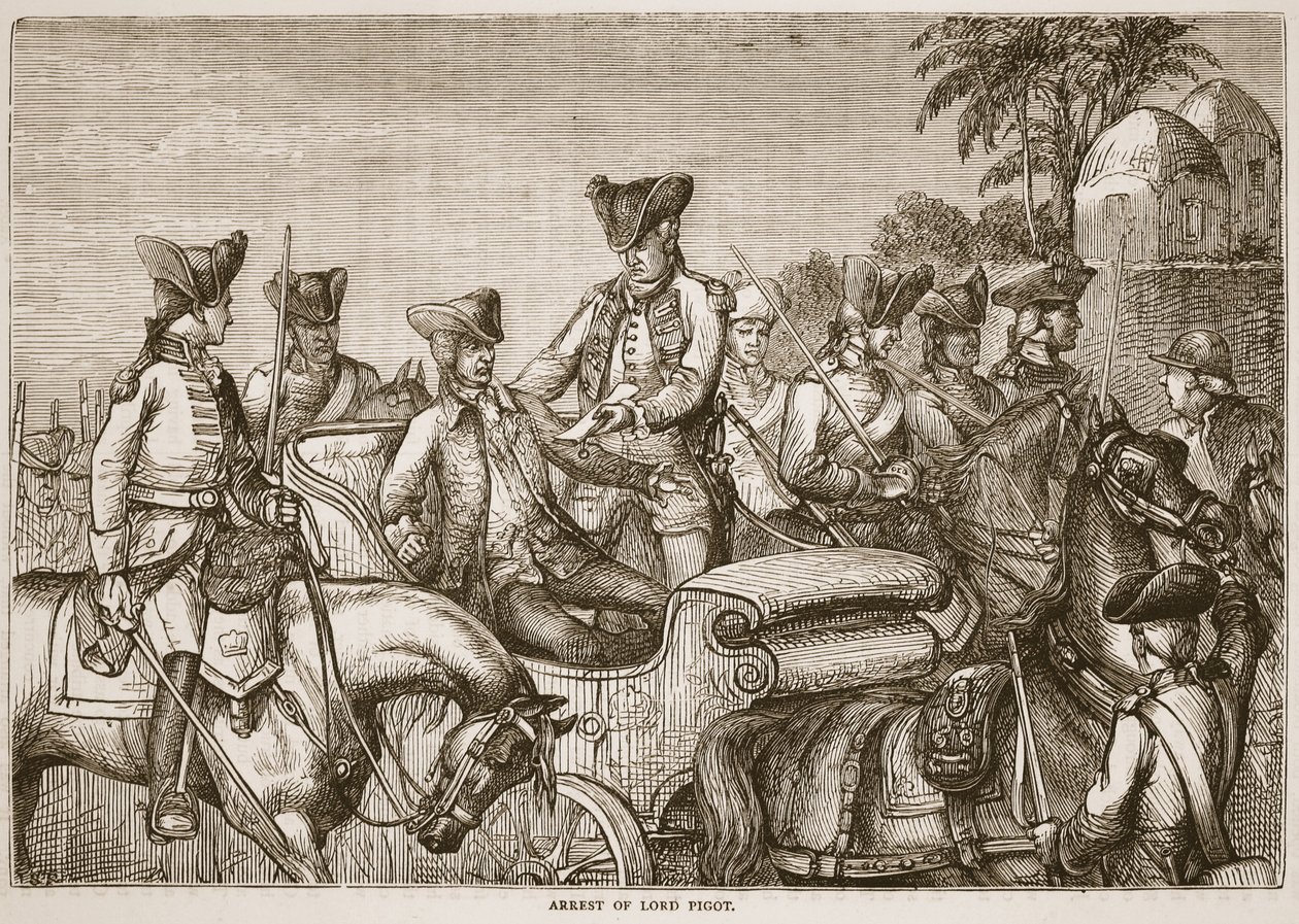 Lord Pigotin pidätys, kuvitus James Grantin Cassells Illustrated History of India -julkaisusta, pubi. 1879 tekijältä English School