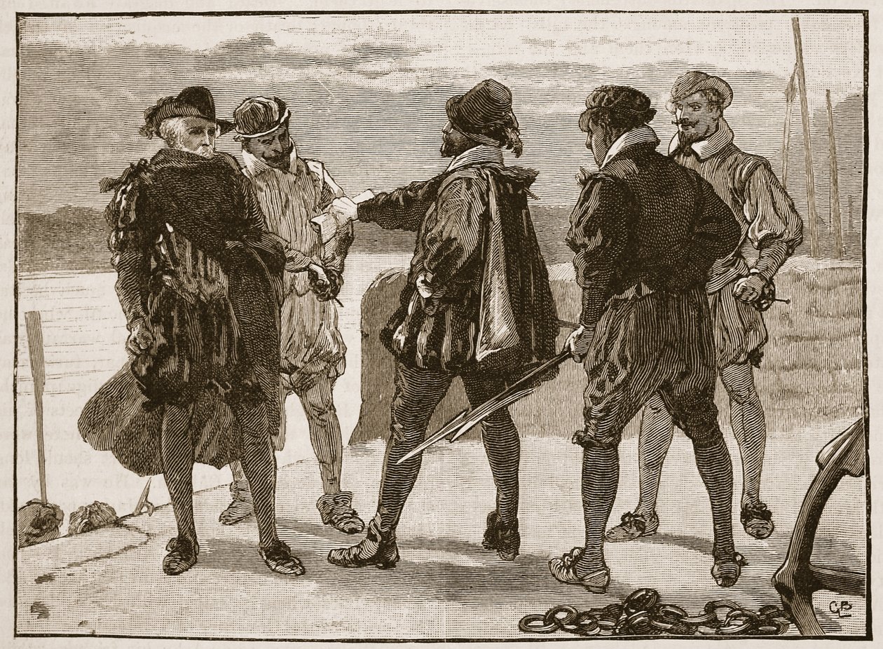 Sir Walter Raleighin pidätys, kuvitus Cassells Illustrated History of Englandista (seepiakuva) tekijältä English School