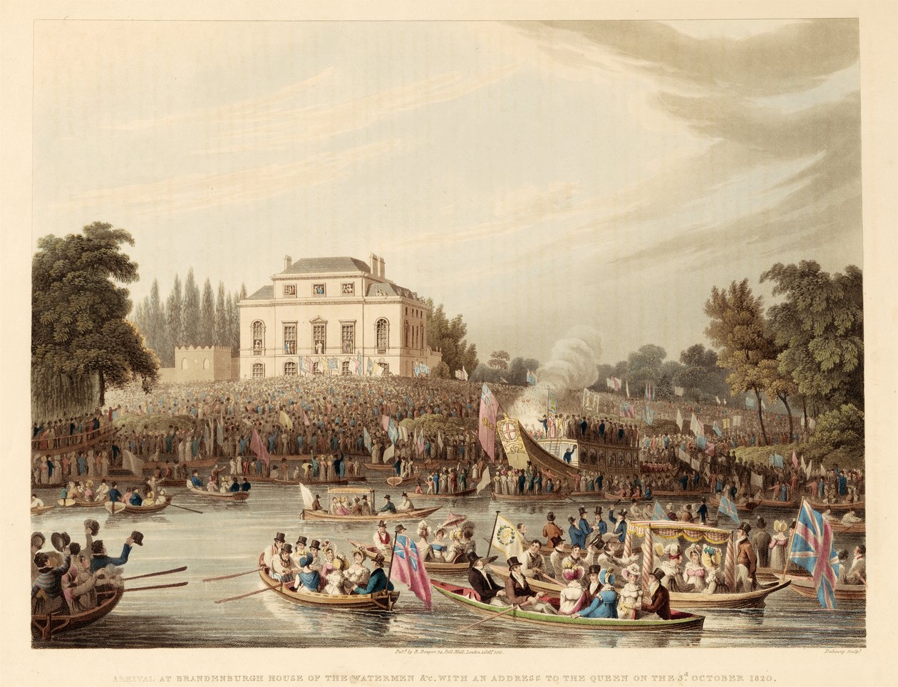 Saapuminen Brandenburgin vesimiesten taloon jne. puheen kera kuningattarelle 3. lokakuuta 1820, pub. 1821 (värinen kaiverrus) tekijältä English School