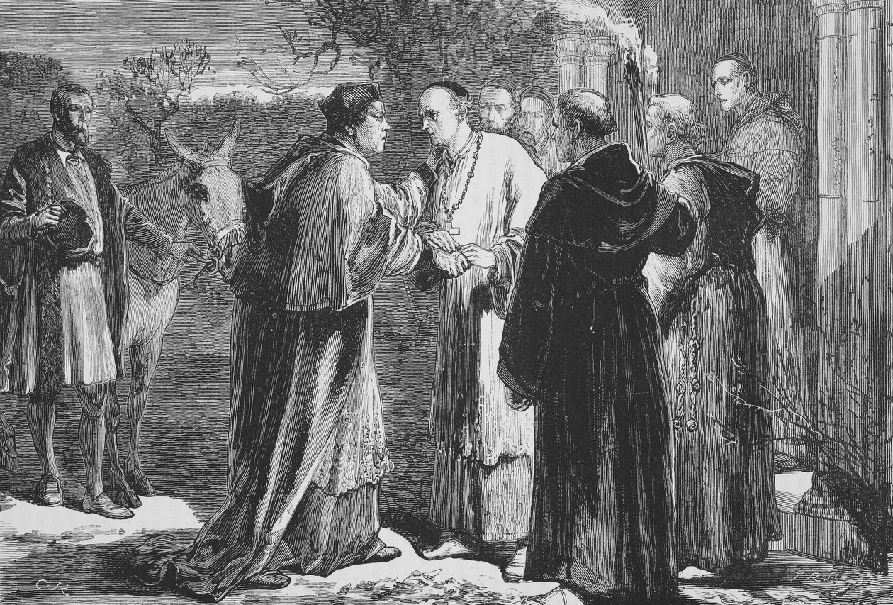 Wolseyn saapuminen Leicesterin luostariin, esimerkki James Aitken Wylien (1808-1890) teoksesta The History of Protestantism, pub. 1878 tekijältä English School