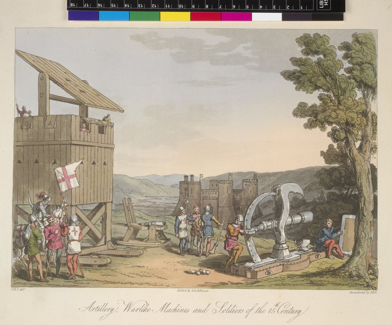 1400-luvun tykistö, piirityskoneet ja sotilaat, piirros Sir Samuel Rush Meyrickin ja C.H. Smith, julkaistu 1815 (col tekijältä English School