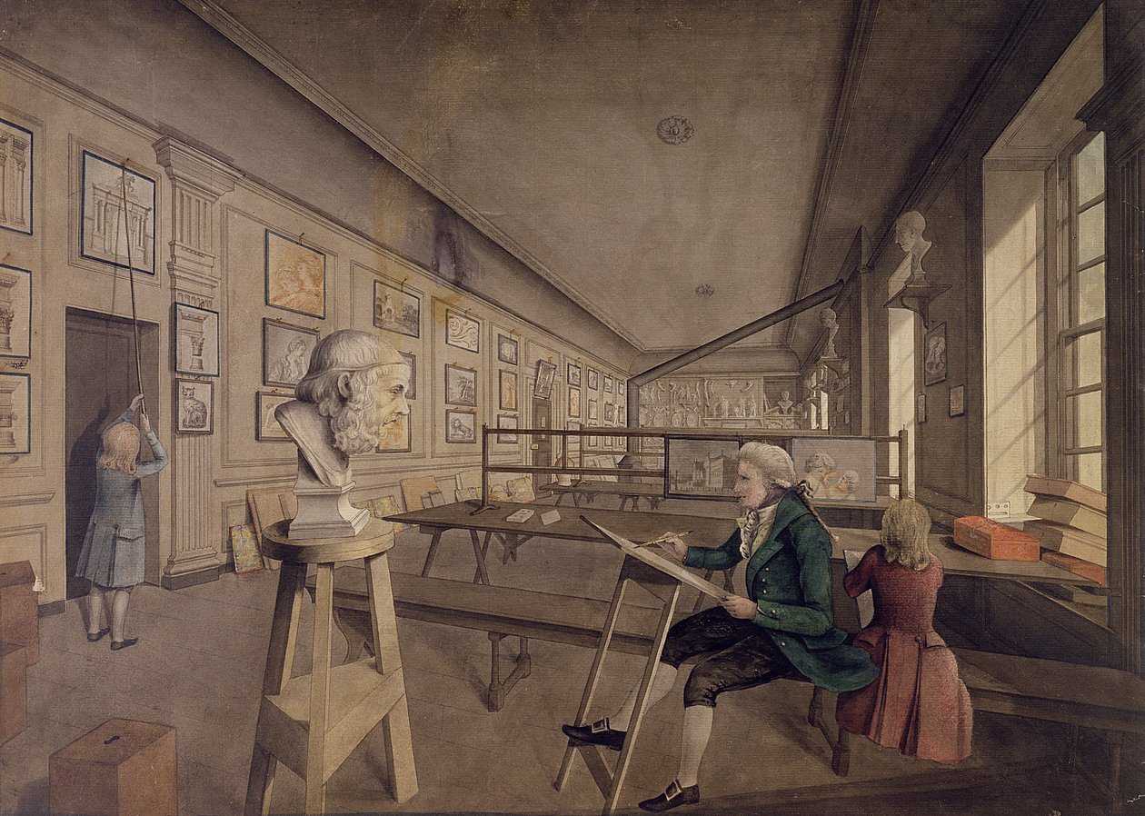 Taiteilija kopioi rintakuvaa Royal Academy of Artsissa Somerset Housessa, n. 1780 (wc paperilla) tekijältä English School