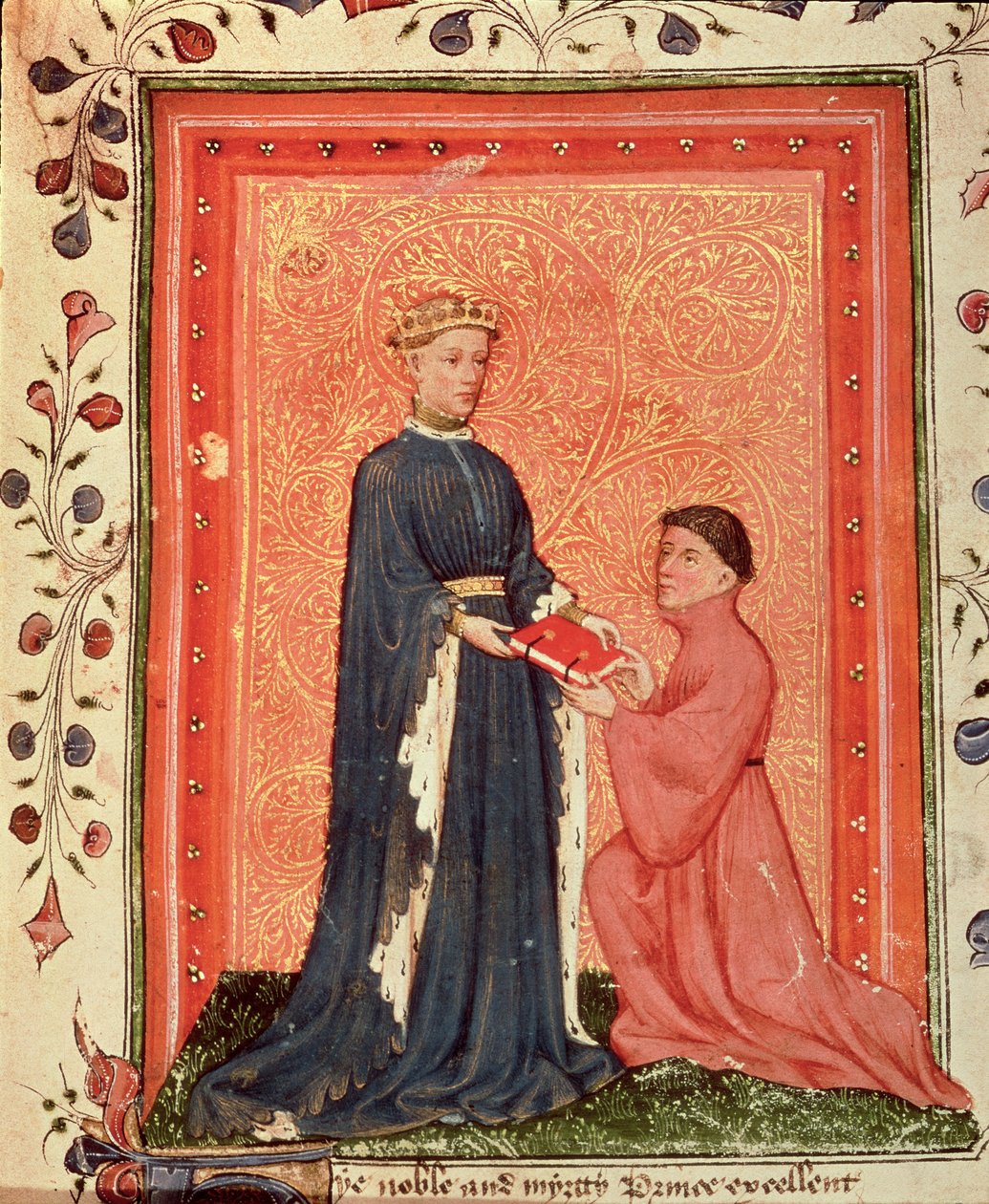 Arundel 38 f.37 Thomas Hoccleve esittelemässä kirjaansa "Regement of Princes" Walesin prinssille (myöhemmin Henry V) n. 1411-13 (vellum) tekijältä English School
