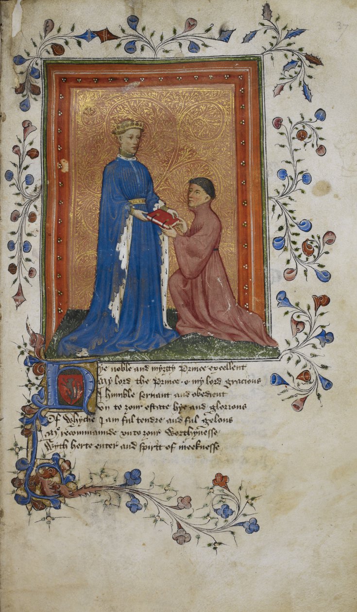 Arundel 38, f.37 Thomas Hoccleve esittelee kirjan Lancasterin prinssi Henrylle, kuvituksen teoksesta "De regimine principum" tekijältä English School
