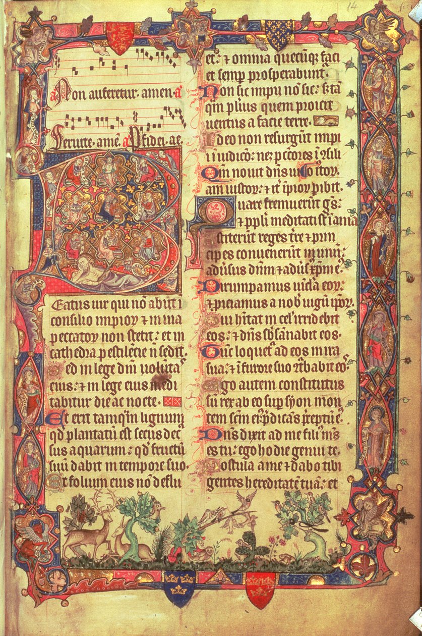 Arundel 83 f.14 Hirvet ja linnut, Arundel Psalter, n. 1310 (vellum) tekijältä English School