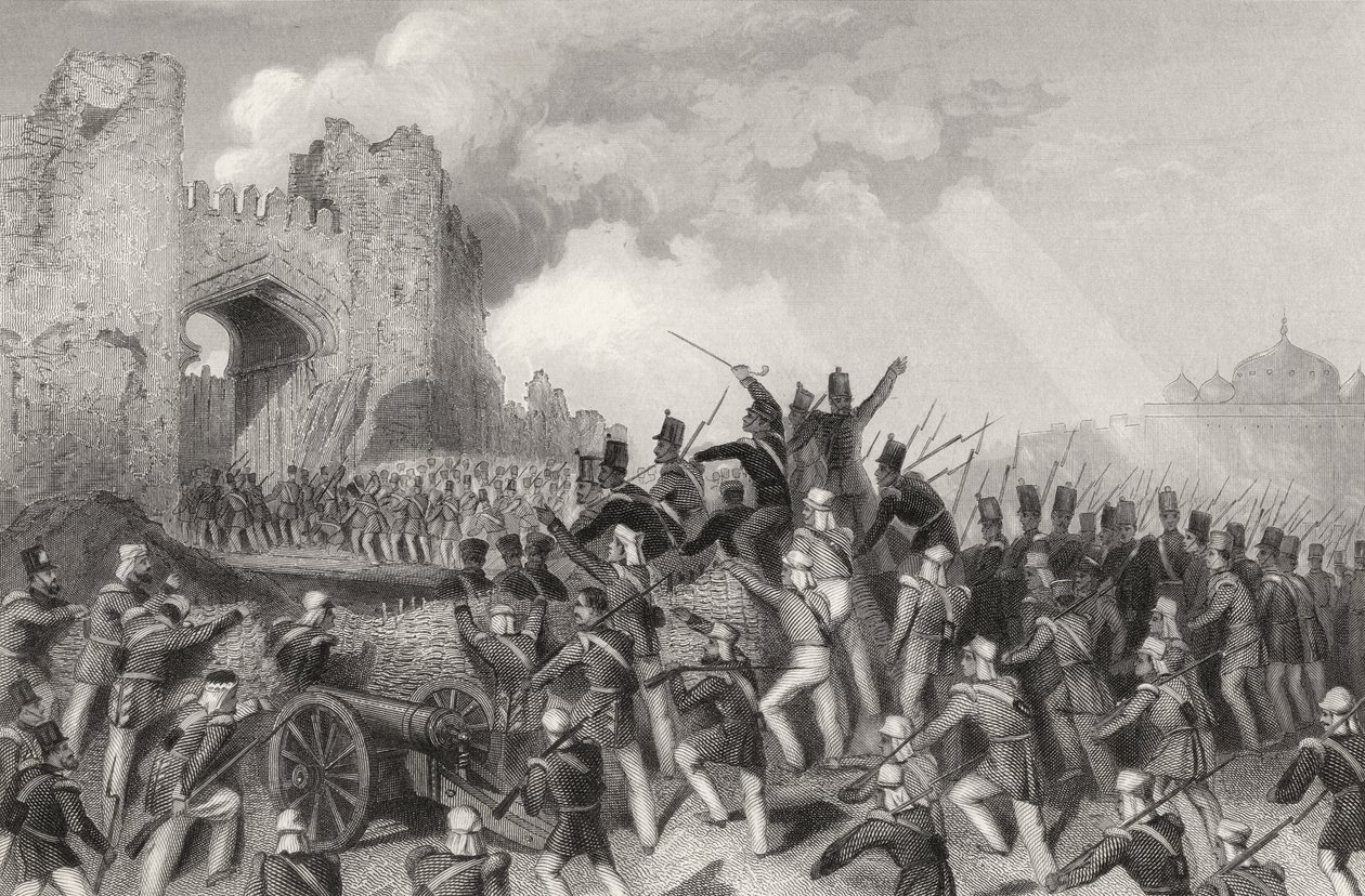 Hyökkäys Delhiin ja Cashmere Gaten vangitseminen 14. syyskuuta 1857, vuonna 1858 julkaistusta "Intian kapinan historiasta" tekijältä English School