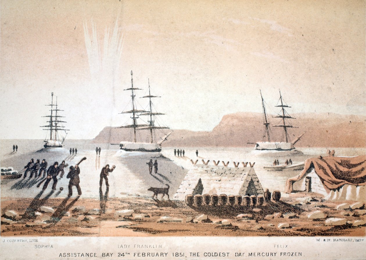 Assistance Bay, 24. helmikuuta 1851, kylmin päivä. Mercury Frozen, kuvitus teoksesta Voyage to Baffins Bay and Barrow Straits..., 1852 (käsinvärinen kaiverrus) tekijältä English School