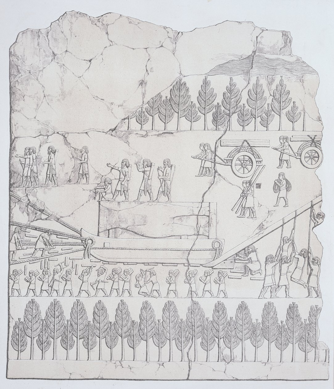Austen Henry Layard (1817-94) julkaisi Austen Henry Layardin (1817-94) assyrialaiset siirtämässä siivellistä härkää rekillä Ninivestä ja sen jäännöksistä tekijältä English School