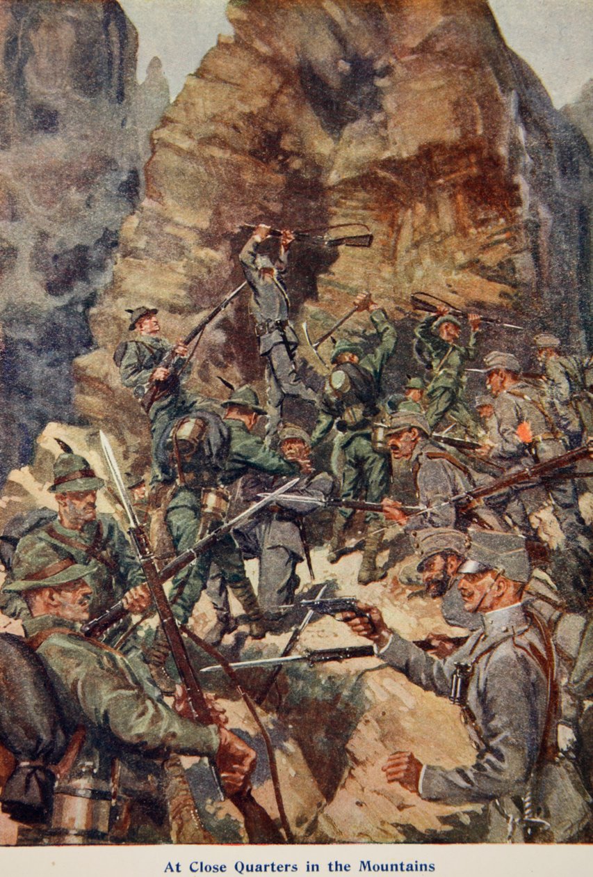 At Close Quarters in the Mountains, kuvitus teoksesta Told in the Huts: The YMCA Gift Book, julkaistu 1916 tekijältä English School