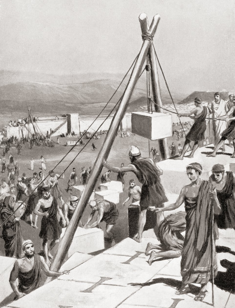 Ateenalaiset jälleenrakentamassa kaupunkiaan Themistokleen ohjauksessa persialaisten Kreikan hyökkäyksen jälkeen, noin 479 eKr., Hutchinsonin kansojen historiasta, pub.1915 tekijältä English School