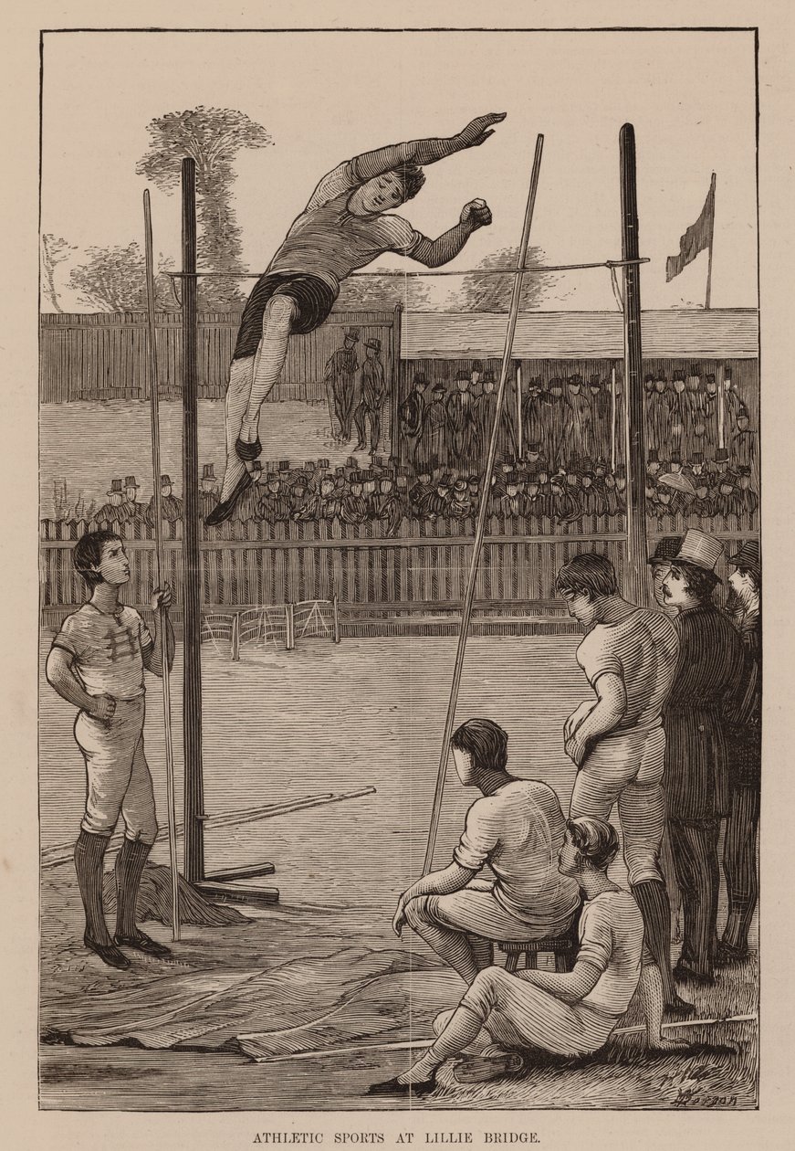 Yleisurheilua Little Bridgellä, "Pole Leaping" (kaiverrus) (kaiverrus) tekijältä English School