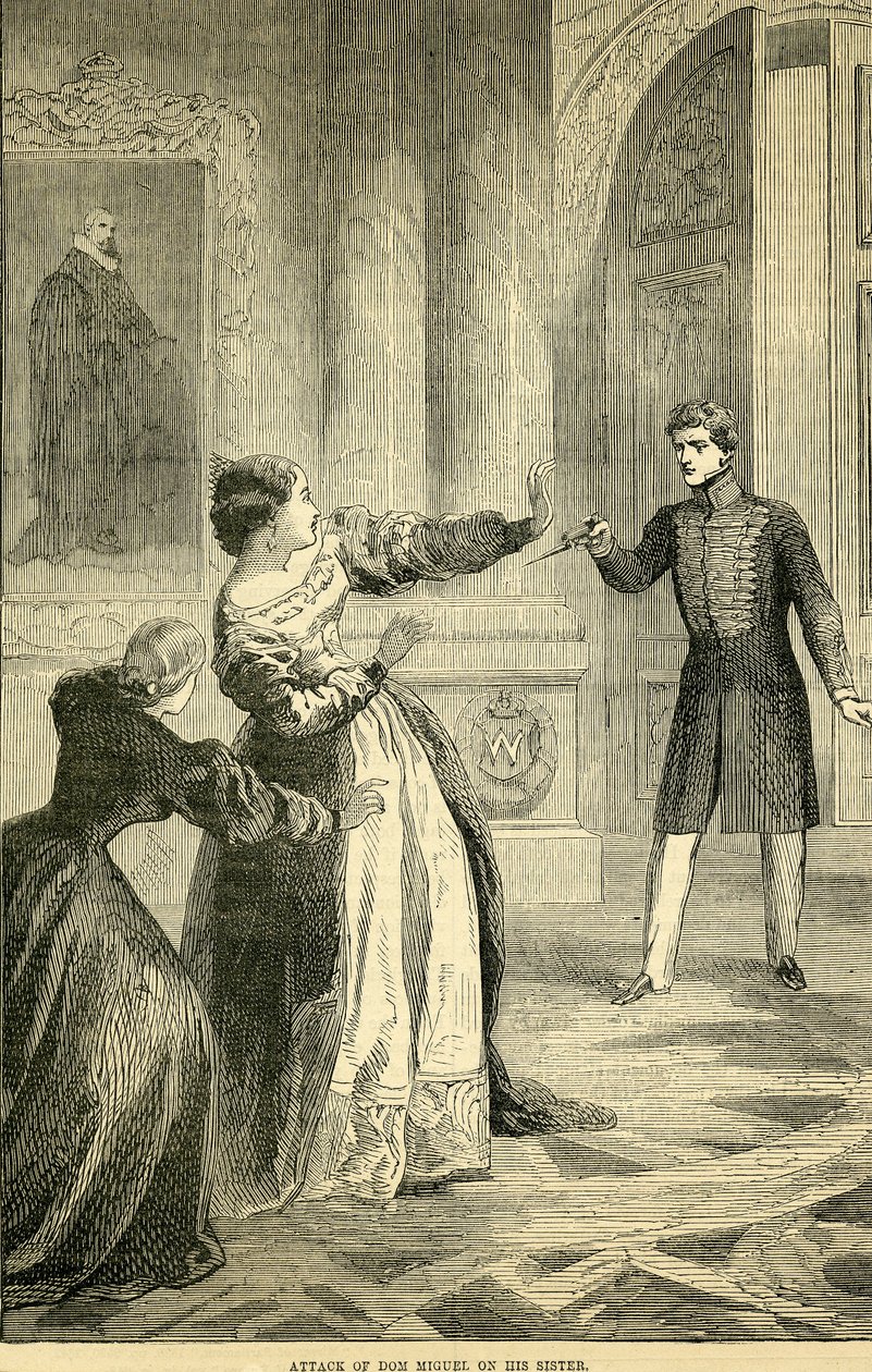 Don Miguelin hyökkäys hänen siskoaan vastaan, otettu Cassells Illustrated History of Englandista, 18571858 tekijältä English School
