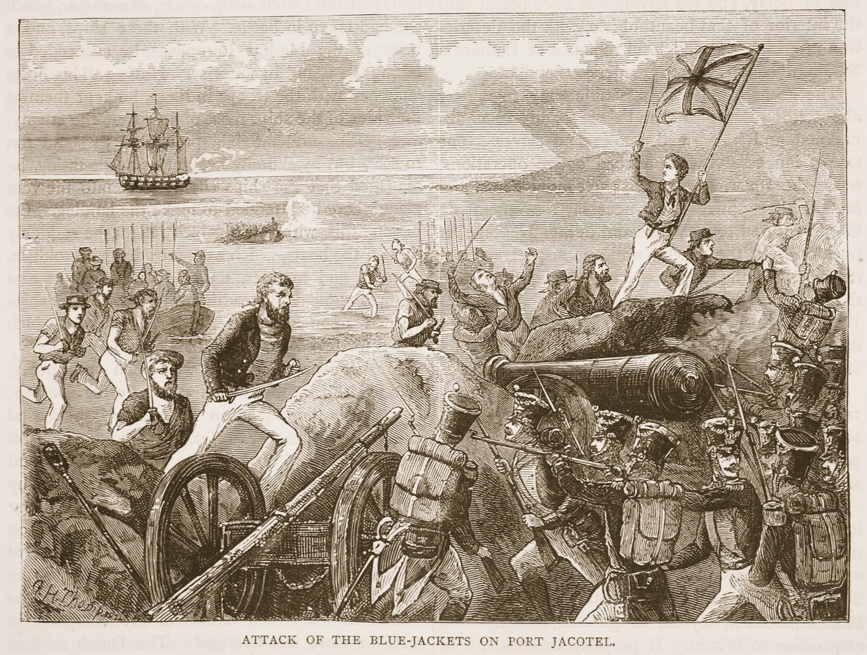 Attack of the Blue-jackets on Port Jacotel, kuvitus Cassells Illustrated History of Indiasta, James Grant, pubi. 1879 tekijältä English School