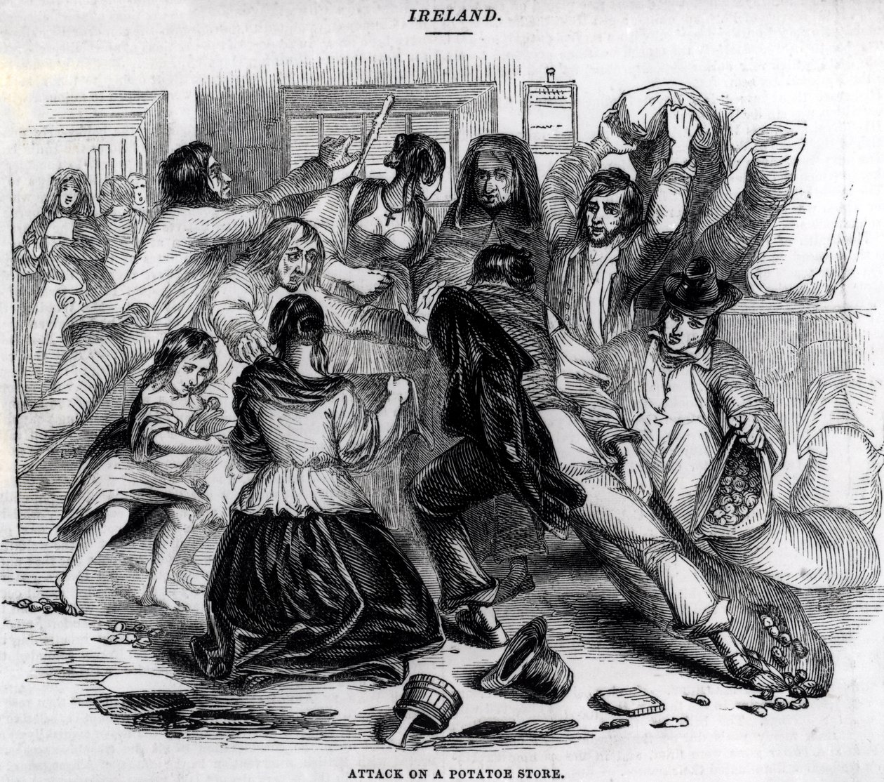 Hyökkäys perunakauppaan Irlannissa, n. 1845 tekijältä English School