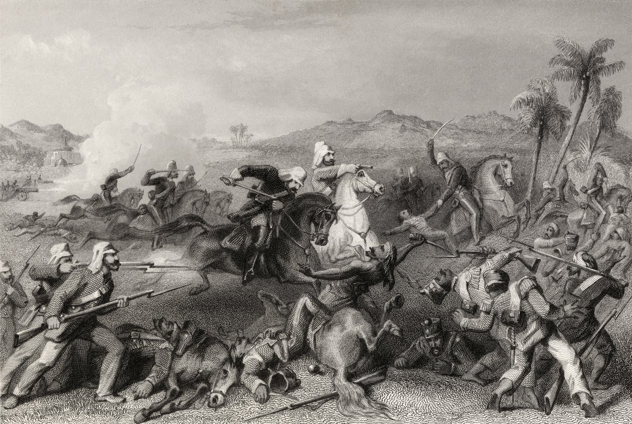 Kenraali Nicholsonin epäsäännöllisen ratsuväen hyökkäys Sealcote-kapinaajia vastaan vuonna 1857, vuonna 1858 julkaistusta "Intian kapinan historiasta" tekijältä English School