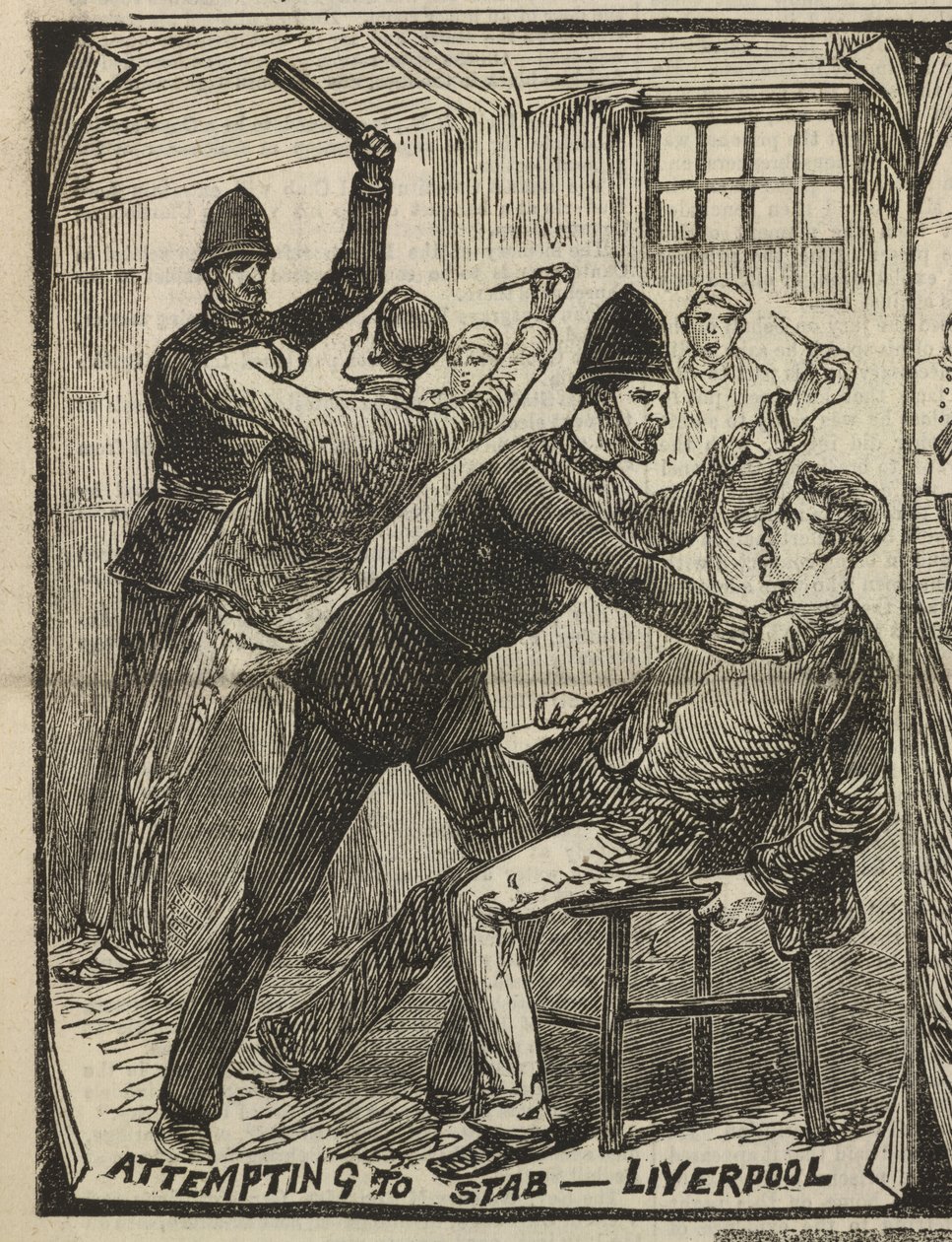 Puukotusyritys – Liverpool, julkaisusta "Illustrated Police News", 27. syyskuuta 1884 (kaiverrus) tekijältä English School