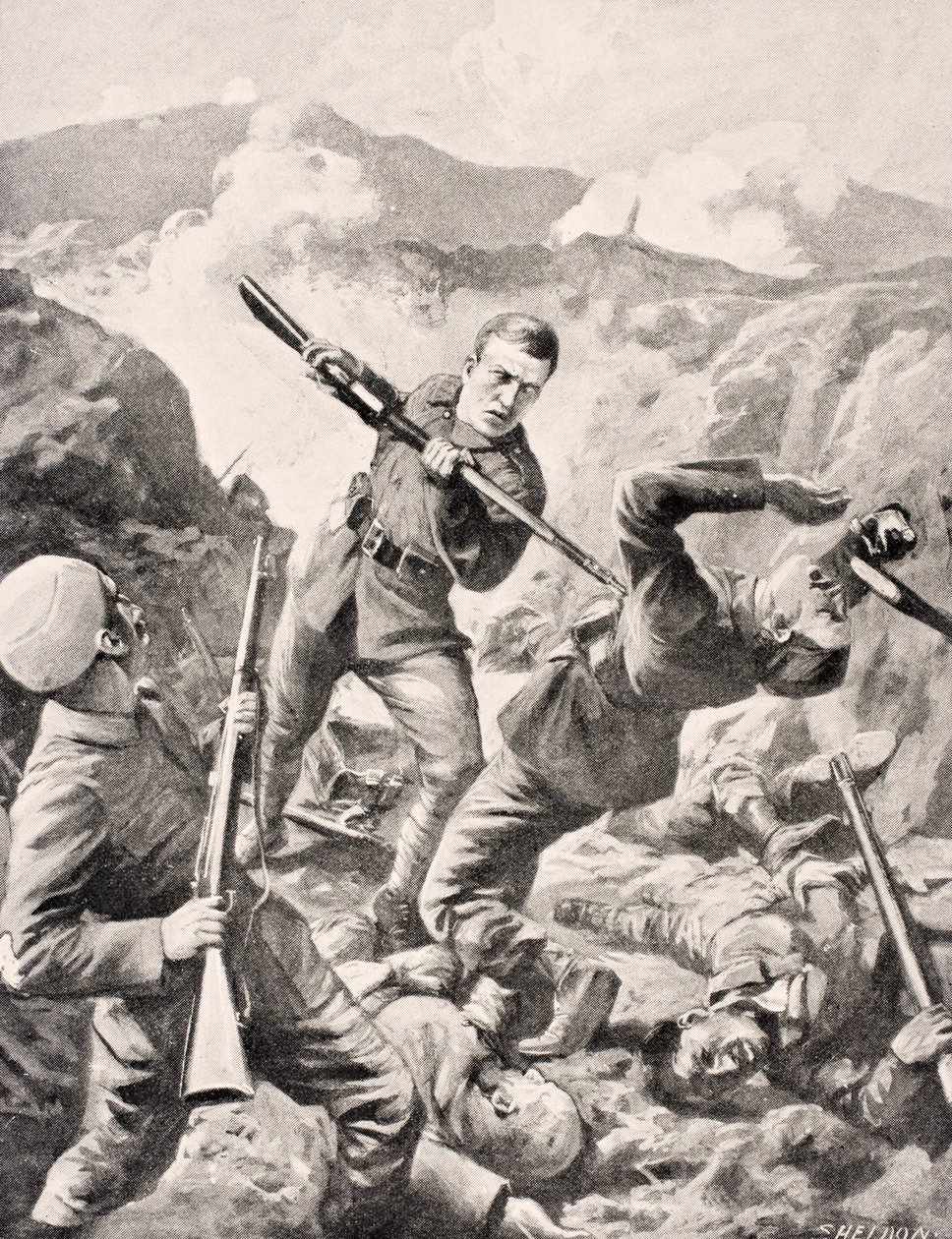 Australialainen vänrikki Albert Jacka, VC, Lontoossa vuonna 1916 julkaistusta The War Illustrated Album deLuxe -julkaisusta. tekijältä English School