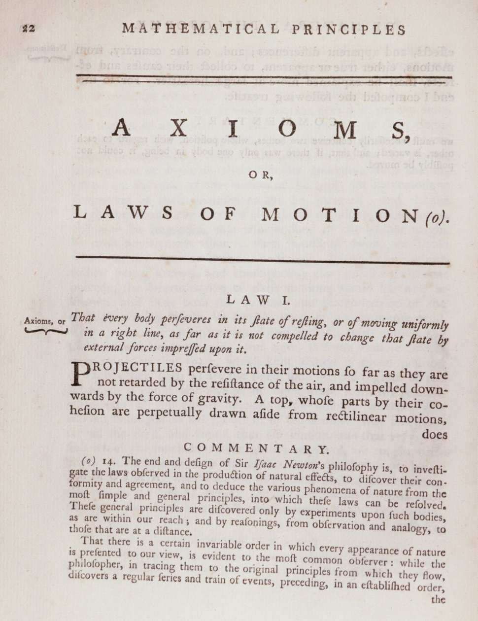 Aksioomia eli liikelakeja Sir Isaac Newtonin (1642-1727) 1777 julkaisun The Matemaattiset luonnonfilosofian periaatteet osasta I tekijältä English School