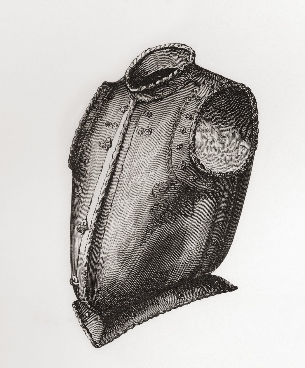 Takaosa ja edessä avautuva rintakilpi, joka tunnetaan nimellä Waistcoat Breastplate, n. 1580, British Army: Its Origins, Progress and Equipment, julkaistu 1868. tekijältä English School