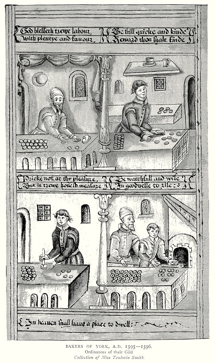 Yorkin leipurit, AD 1595-1596. Heidän kiltansa määräykset (kaiverrus). tekijältä English School