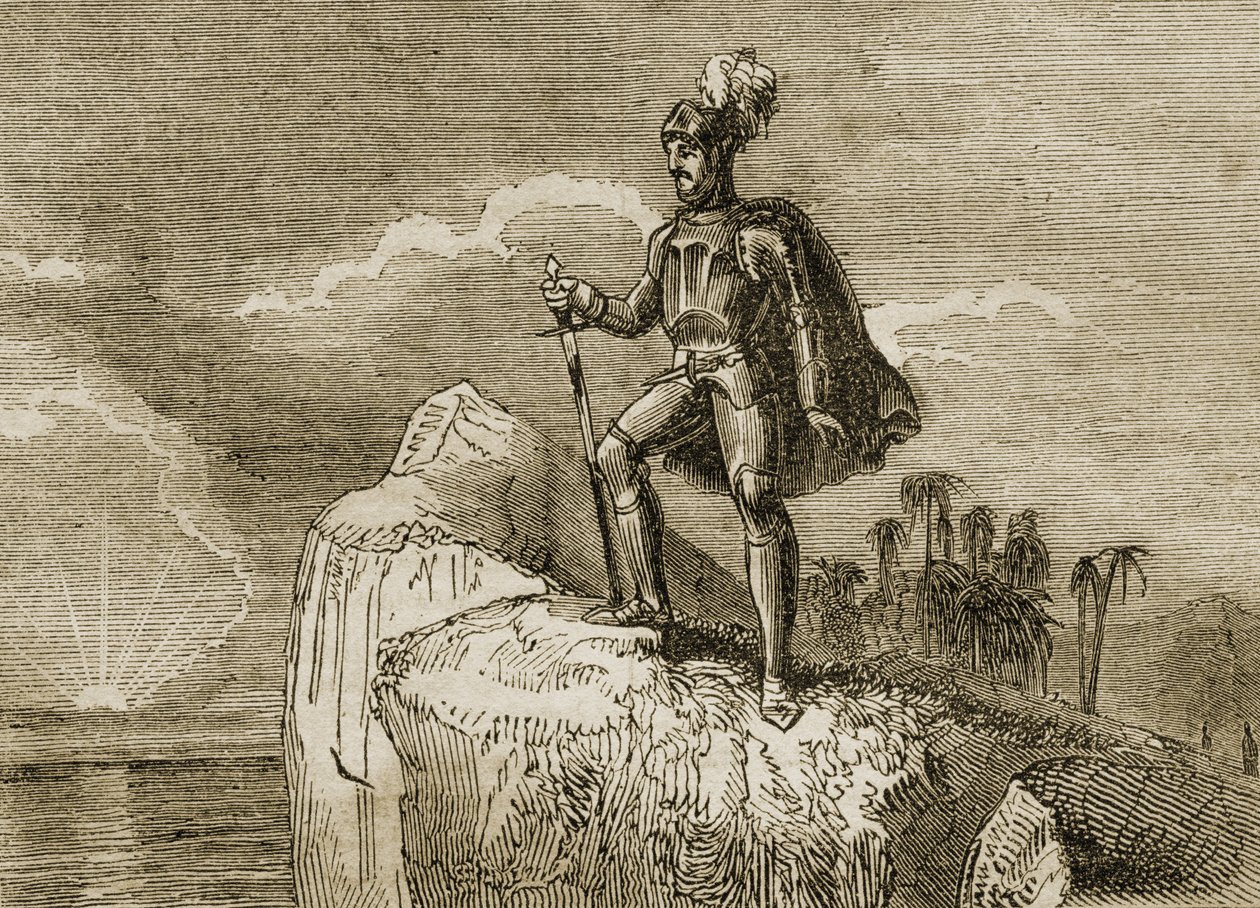 Balboan ensimmäinen katse Tyynellemerelle vuonna 1513, kuvitus teoksesta Tales of Travellers or A View of the World, julkaistu 1838 (litho) tekijältä English School
