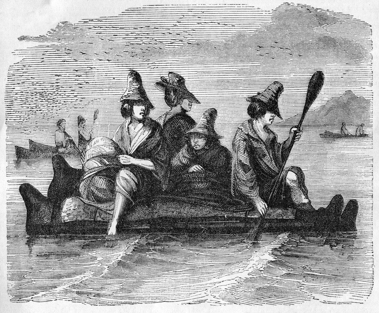 Balsas, tai Boat of Skin, jota Amerikan rannikon alkuperäisasukkaat käyttävät, kuvitus teoksesta "John Cassell