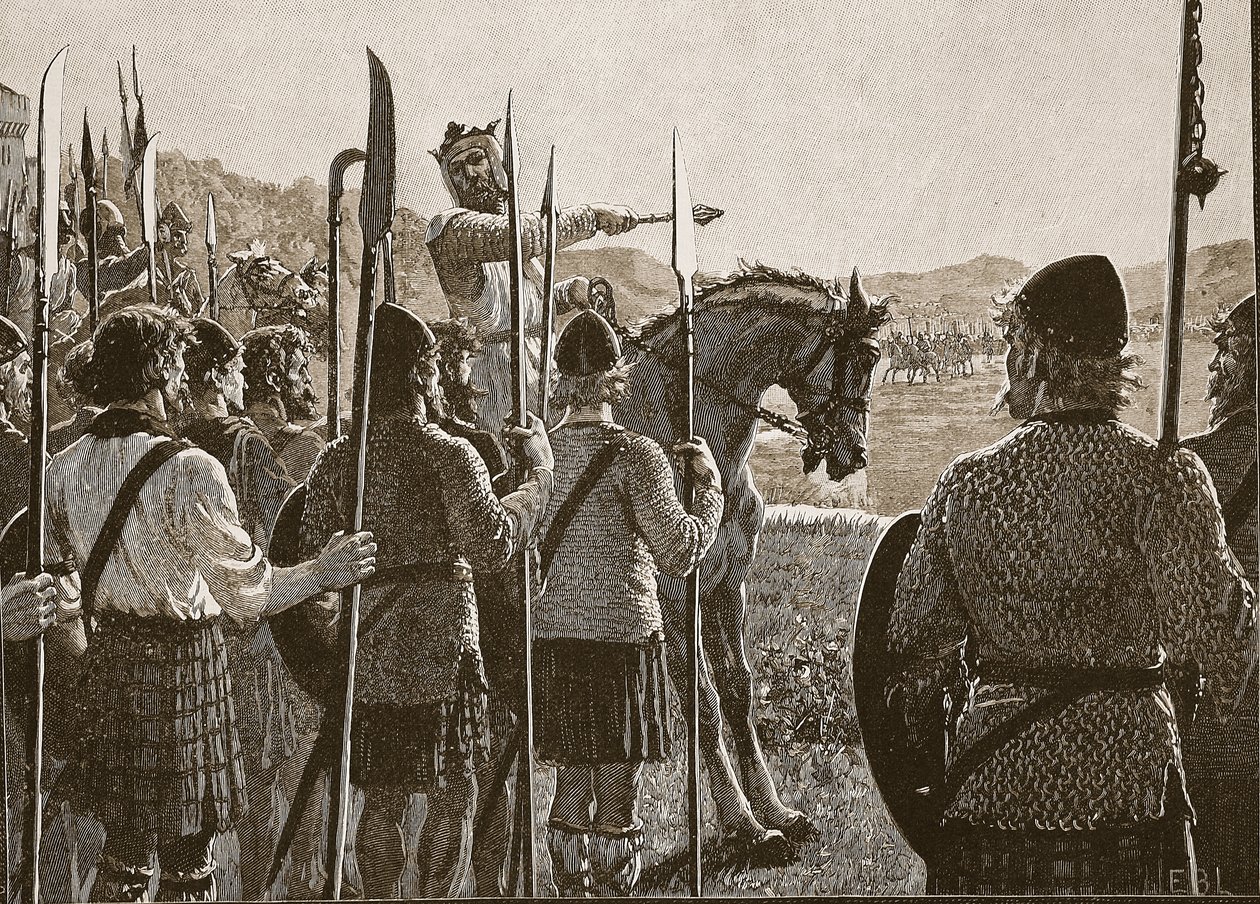 Bannockburn: Bruce arvioi joukkojaan ennen taistelua, kuvitus Cassells Illustrated History of Englandista (seepiakuva) tekijältä English School