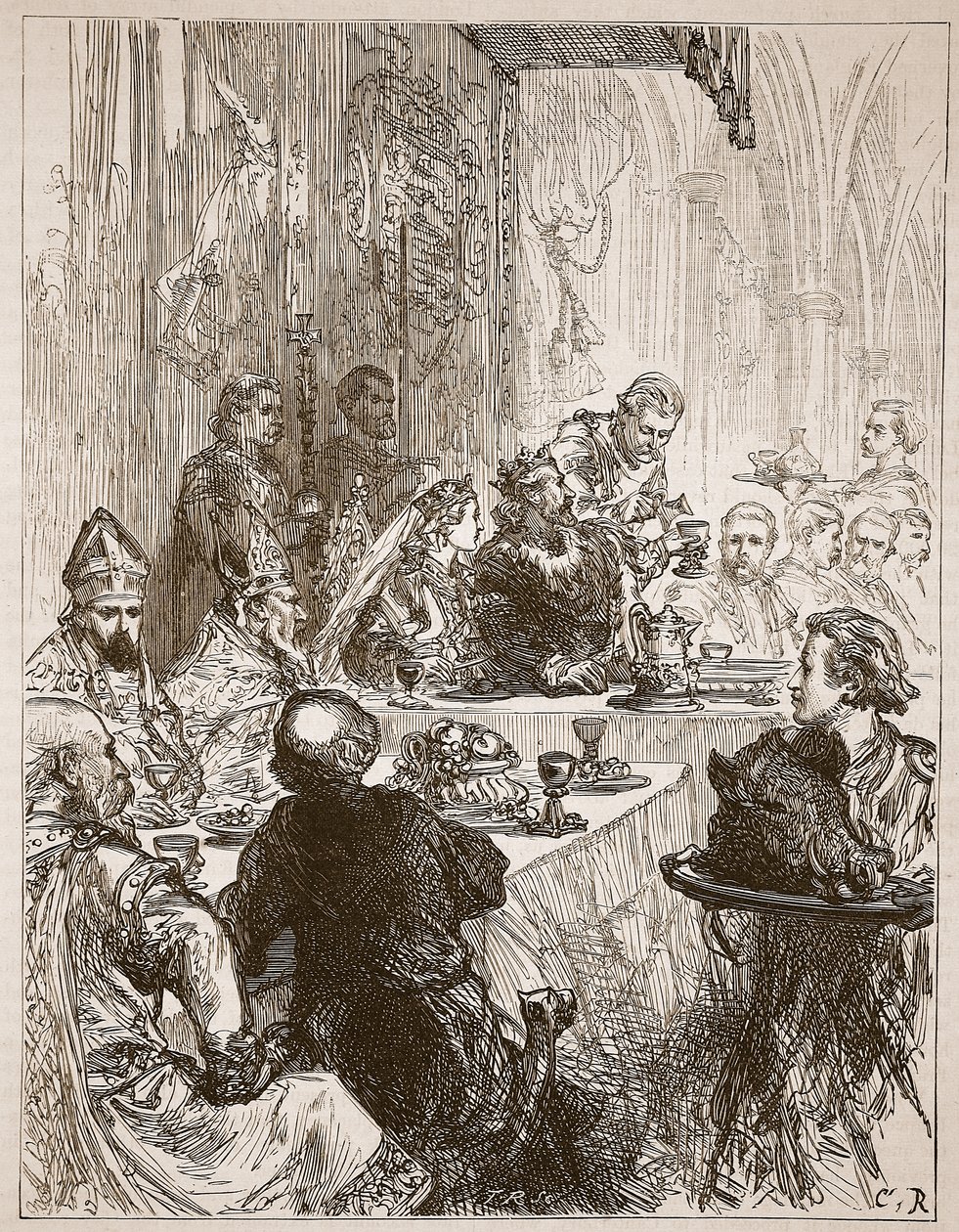 Juhlatilaisuus Henryn ja Eleanor of Provencen häissä, kuvitus Cassells Illustrated History of Englandista (seepiakuva) tekijältä English School
