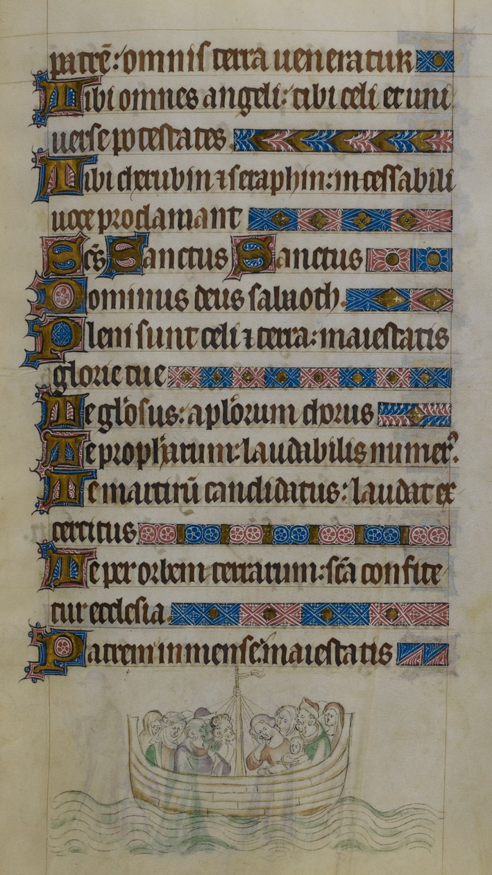 Bas-de-page-kohtaus, jossa Thomas Becket ja seuralaiset ylittävät Englannin kanaalin veneessä matkustaessaan maanpakoon Ranskaan, kuvitus "Kuningatar Maria Psalterista", n. 1310-20 (vellum) tekijältä English School