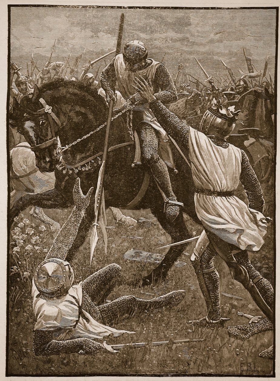 Eveshamin taistelu: Kuningas Henry vaarassa, kuvitus Cassells Illustrated History of Englandista (seepiakuva) tekijältä English School