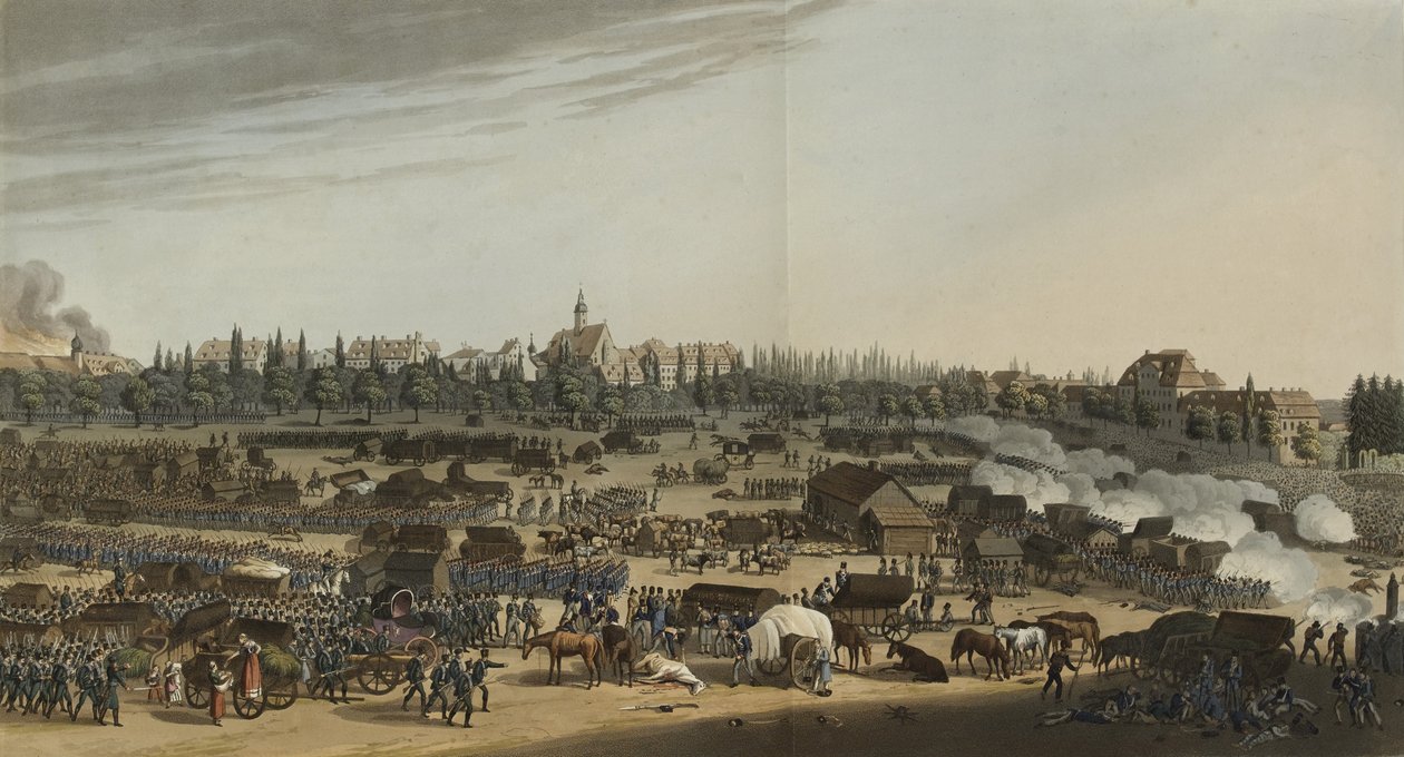 Leipzigin taistelu, 16.-19. lokakuuta 1813, teoksesta An illustrated record of important events in the Annals of Europe during the years 1812, 1813, 1814 & 1815, 1815 (väriakvatintta). tekijältä English School