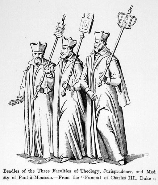 Kolmen tiedekunnan, teologian, oikeustieteen ja lääketieteen, helmiä, Kaarle III:n (1543-1608) Lothringenin herttuan hautajaisista, kuvitus teoksesta Tiede ja kirjallisuus keskiajalla ja keskiajalla, kuvitus teologian, oikeustieteen ja lääketieteen tiedeku tekijältä English School