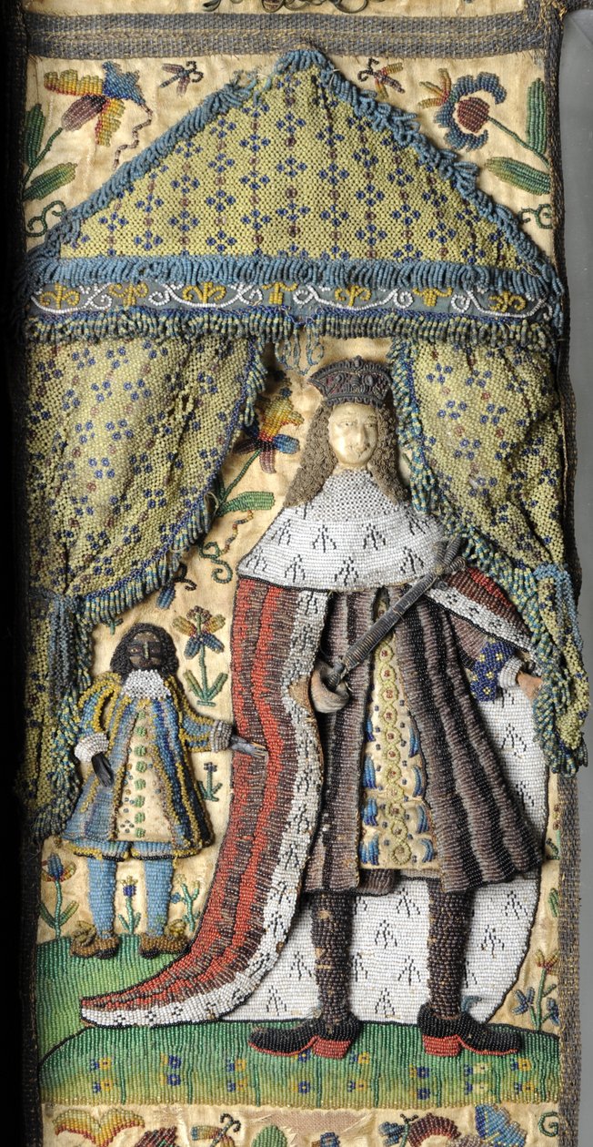 Helmityöpeili, c. 1672-79 (silkki-, metalli- ja nahkalangat lasihelmillä ja kiillokkeilla silkki-satiinihiottuna tammiverhoiltuna) tekijältä English School