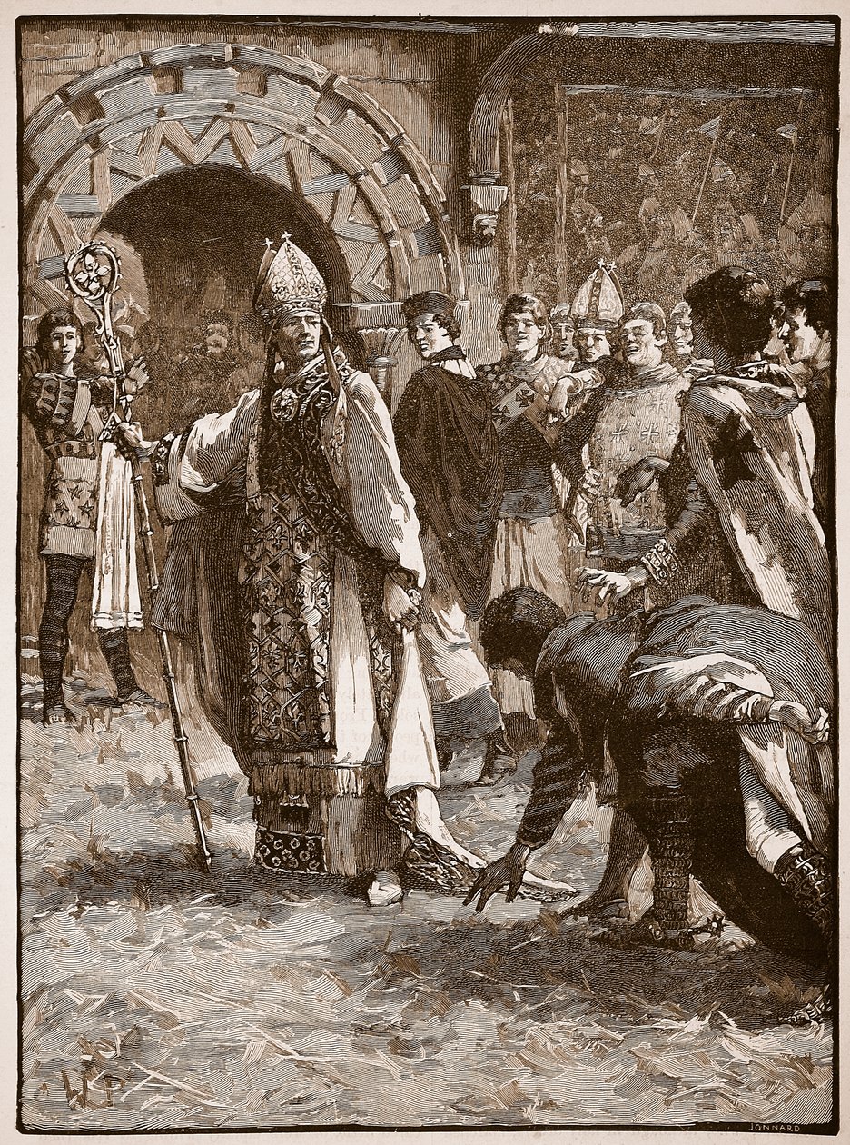 Becket vihollistensa edessä Northamptonin neuvoston salissa, kuvitus Cassells Illustrated History of Englandista (seepiakuva) tekijältä English School
