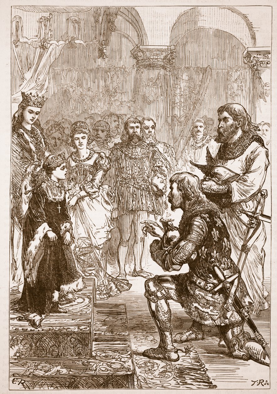 Prinsessa Isabellan kihlaus Richardille, kuvitus Cassells Illustrated History of Englandista (seepiakuva) tekijältä English School