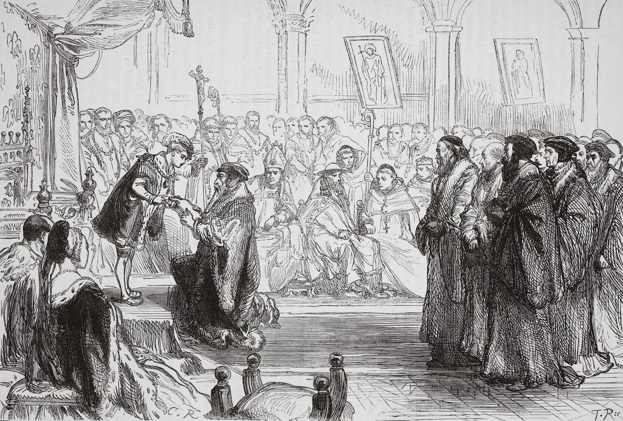 Beza esittelemässä Ranskan protestanttisen kirkon tunnustusta kuninkaalle Poissyn keskustelutilaisuudessa, esimerkki James Aitken Wylien (1808-1890) teoksesta The History of Protestantism, pub. 1878 (engra tekijältä English School