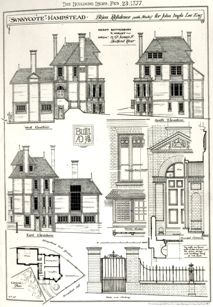 Bijou Residence Sunnycote, Hampstead, (studiolla) John Ingle Lee Esqille, The Building News, 23. helmikuuta 1877 News, 23. helmikuuta 1877 tekijältä English School