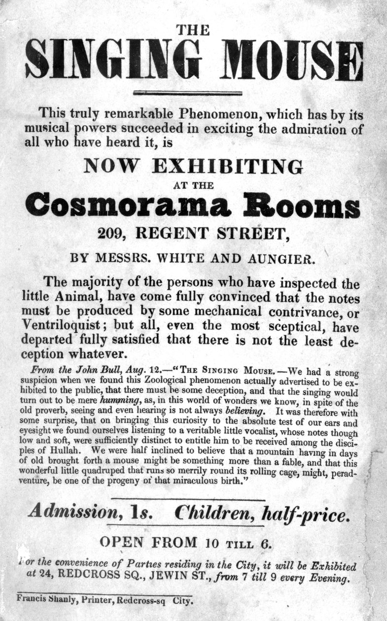 Bill Poster The Singing Mouse -näyttelyyn Cosmorama Roomsissa, 209 Regent Street, n. 1836 tekijältä English School