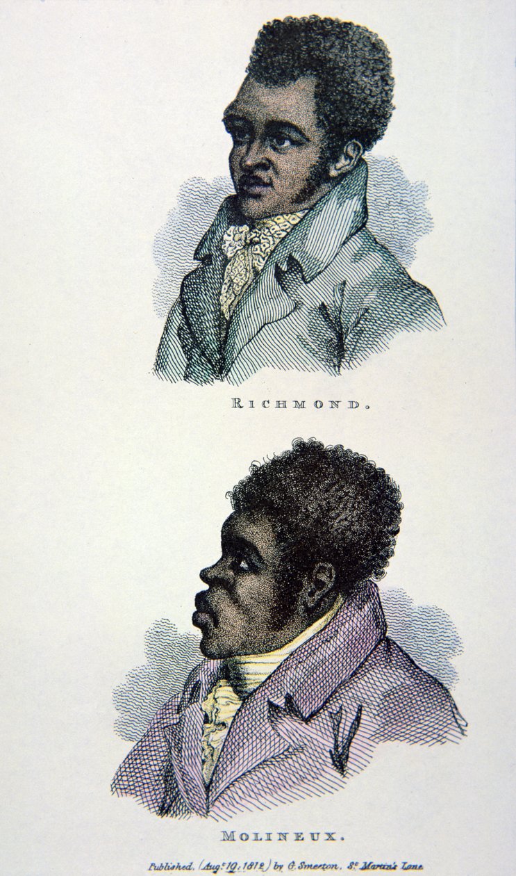 Bill Richmond ja Tom Molineaux, painos julkaistiin vuonna 1812 (värilitho) tekijältä English School