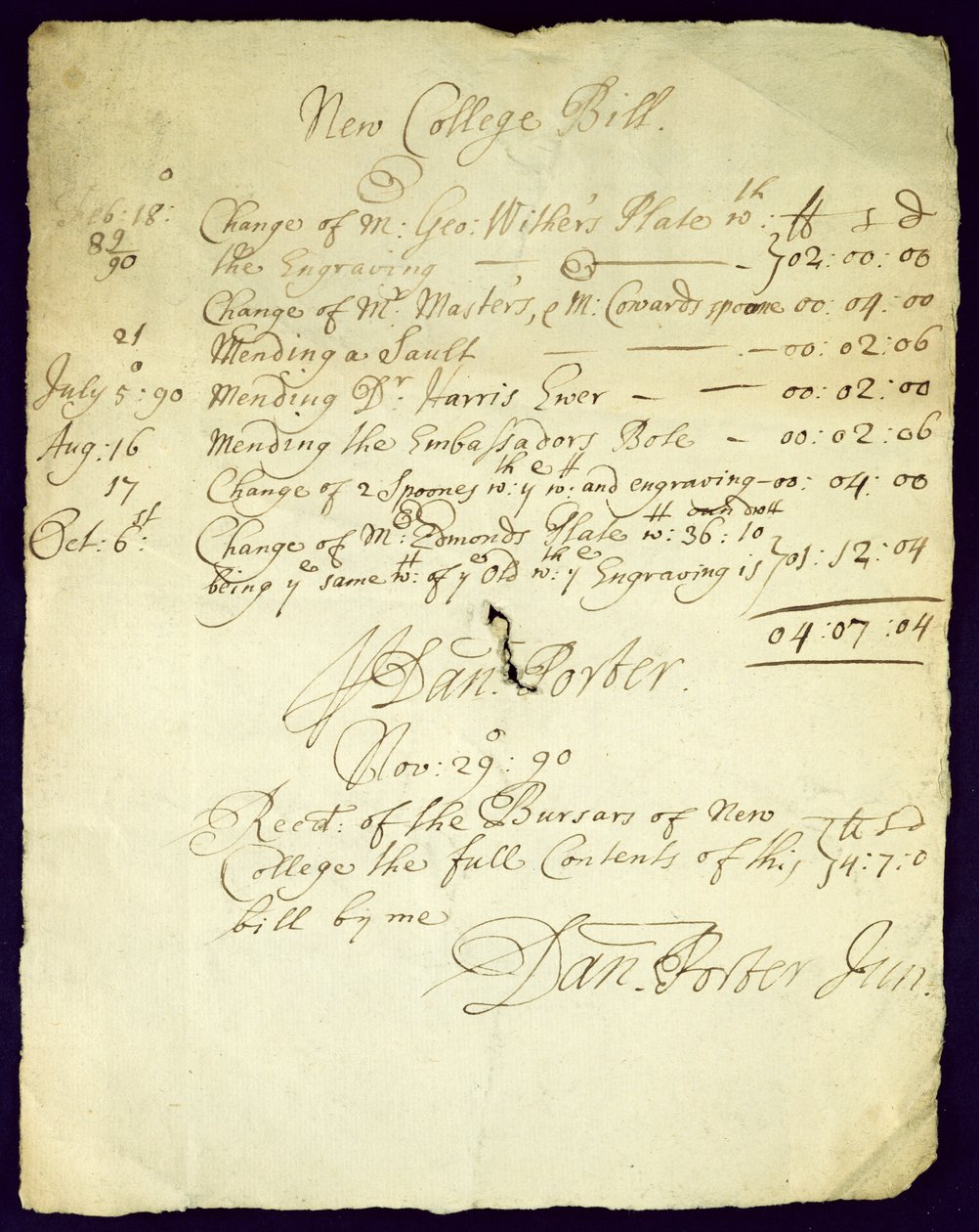 Bill Daniel Porterista New Collegeen, 1690 tekijältä English School