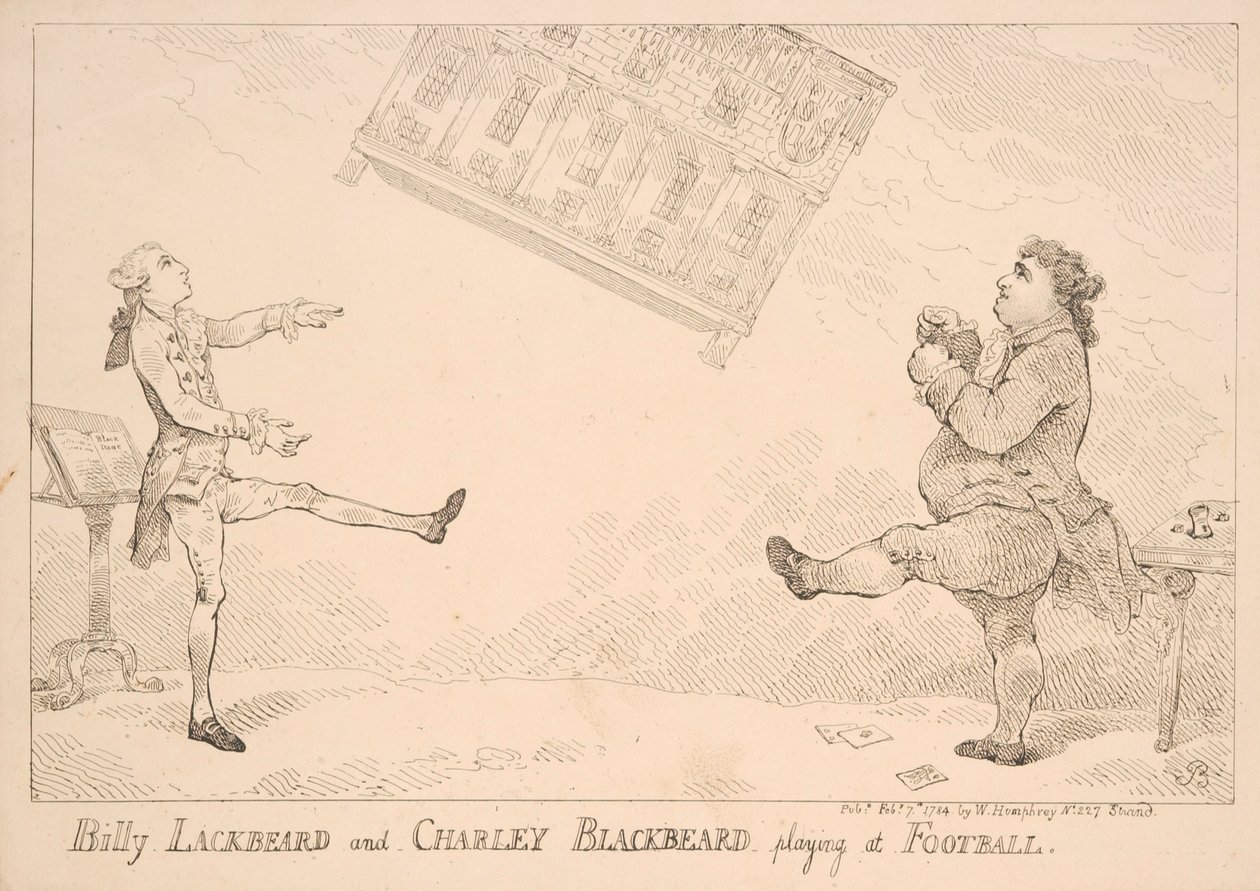 Billy Blackbeard ja Charley Blackbeard pelaamassa jalkapalloa, satiirinen sarjakuva, joka viittaa East India Billiin, julkaissut W. Humphrey, 1744 tekijältä English School